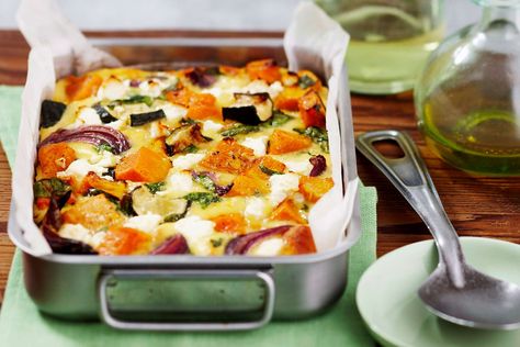 Butternut Spinach And Feta Bake, Pumpkin And Feta, Feta Bake, Pumpkin Spinach, Slice Recipe, Spinach Feta, Cheese Food, Roasted Pumpkin, Baked Vegetables