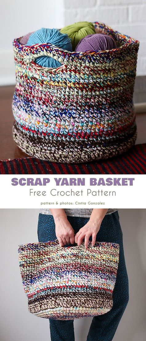 Scrap Yarn Basket, Yarn Scraps, Scrap Yarn Crochet, Crochet Basket Pattern Free, Yarn Basket, Crochet Storage Baskets, Crochet Storage, Scrap Yarn, Yarn Craft