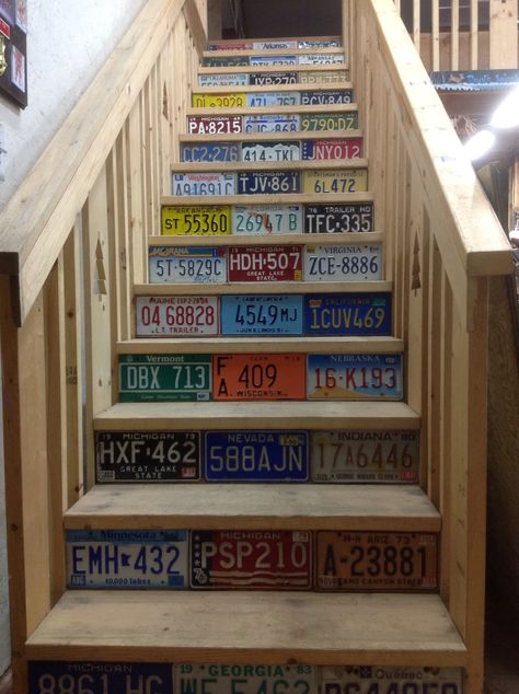 Repurposed old license plates add color and interest to steps License Plate Decor, License Plate Crafts, Anniversary Gift Ideas For Him, Old License Plates, Licence Plates, License Plate Art, Car Part Furniture, Automotive Furniture, Car Furniture