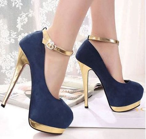 Royal Blue And Gold Heels, Blue And Gold Heels, Kasut Tumit Tinggi, Hak Tinggi, Trendy High Heels, Beautiful High Heels, Fancy Shoes, Bride Accessories, Girly Shoes