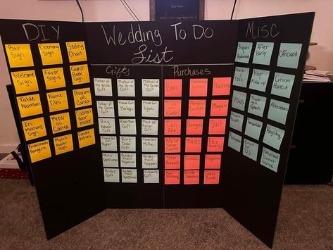 Wedding Todo Board, Poster Board Wedding Planning, Post It Wedding Planning, Wedding Poster Board Checklist, Wedding Board Planning, Wedding Planning Board Diy Sticky Notes, Sticky Note Wedding Planning Board, Wedding To Do Board, Wedding Post It Board To Do List