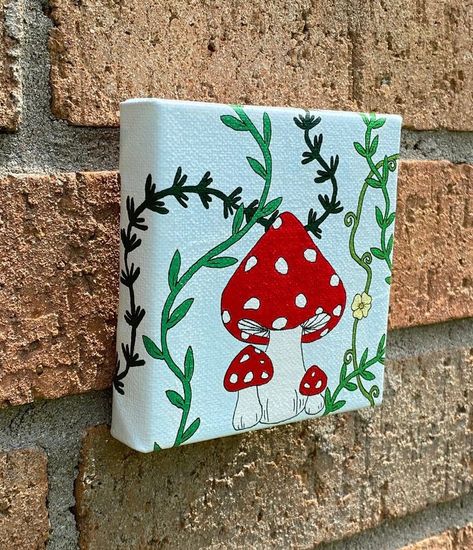 3x9 Canvas Painting Ideas, Mini Canvas Mushroom Painting, Mushroom Door Painting, Mini Mushroom Painting, 4x4 Paintings Ideas, Painting Ideas On Canvas Mushrooms, Thing To Paint On Canvas, Grunge Canvas Painting, Easy Cute Paintings On Canvas Simple