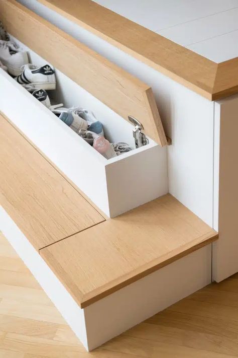 20 Space-Saving Storage Ideas for Cramped Homes - Living in a shoebox Hideaway Bed, Stairs Renovation, Studio Apartment Living, French Apartment, Bedroom Items, Diy Stairs, Understairs Storage, White Cabinetry, Stair Storage