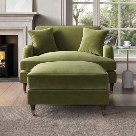 Bay Window Loveseat, Green Arm Chair, Footstool Living Room, Large Footstool, Green Couch Living Room, Cottage Lounge, Green Velvet Armchair, Green Velvet Chair, Large Footstools