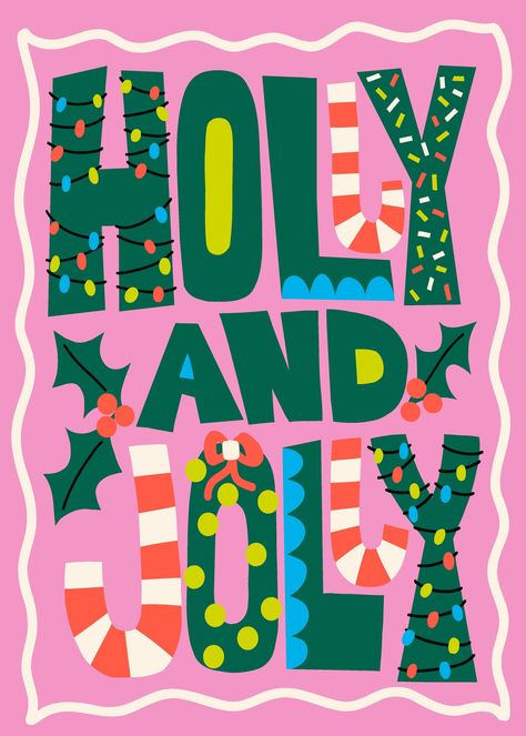 Holly Jolly Christmas Collection | Sandra Hutter | Art Licensing | Home Decor | Fabric | Sandra Hutter Holiday Illustration Design, Rainbow Christmas Aesthetic, Christmas Decoration Illustration, Holiday Illustration Christmas, Christmas Motifs Illustration, Christmas Decorations Illustration, Bright Christmas Aesthetic, Christmas Lettering Ideas, Colorful Christmas Aesthetic