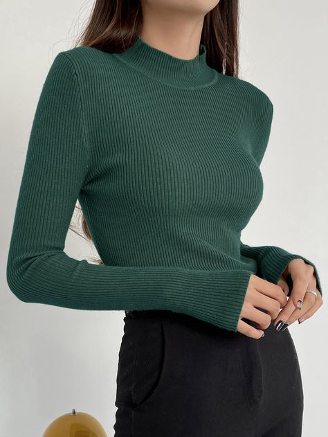 Dark Green Casual Collar Long Sleeve Fabric Plain Basic Tops Embellished Medium Stretch Spring/Fall Women Clothing Dark Green Top Outfit, Ribbed Top Outfit, Green Top Outfit, Teal Outfits, Dark Green Top, Tops Fall Outfits, Traje Casual, Women Sweaters, Green Outfit