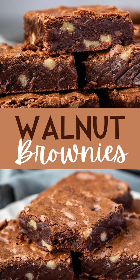 Walnut Brownies are a fudgy brownie recipe with brown butter and full of walnuts. If you like brownies with nuts this is the recipe for you! Homemade Walnut Brownies, Recipes With Walnuts Baking, Brownie Types, Walnut Brownies Recipe, Walnut Recipes Dessert, Walnut Brownie Recipe, Gourmet Brownies, Amaretti Cookie Recipe, Walnut Brownie