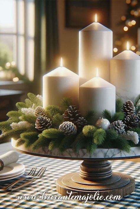 Christmas Wood Tray Decor, Coffee Table Xmas Decor Ideas, Advent Table Centerpiece, Woodland Christmas Tablescapes, Christmas 2024 Ideas, Large Kitchen Island Decor Ideas, Christmas Decor Ideas For The Home, Round Table Christmas Decor, White Christmas Centerpieces