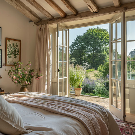 Bedroom with the bed positioned to face large windows or French doors, overlooking a garden or countryside view Countryside Aesthetic House Interior, English Countryside Bedroom Ideas, House Interior Cozy Bedroom, Farm Cottage Bedroom, Dream House Countryside, Countryside House Bedroom, English Countryside Farm, Home In The Countryside, English Countryside Home Decor