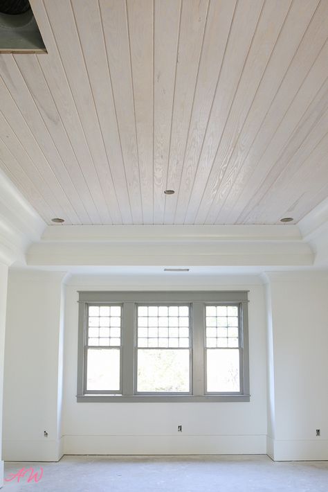 White Wash Ceiling, Wood Ceiling Bedroom, Wood Walls Bedroom, Ceiling Paint Colors, How To Whitewash, Deck Addition, Wood Plank Ceiling, White Wood Floors, Shiplap Ceiling