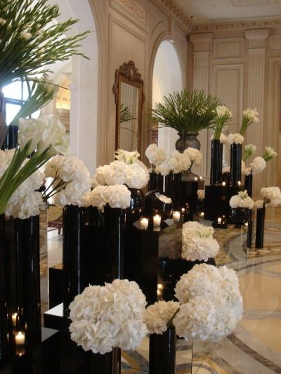 white, black and green Black White And Gold Wedding Centerpieces Floral Arrangements, September Weddings, Gold Wedding Centerpieces, Jeff Leatham, Dark Wedding Theme, Hotel Table, Lobby Ideas, Themed Wedding Decorations, Unique Flower Arrangements