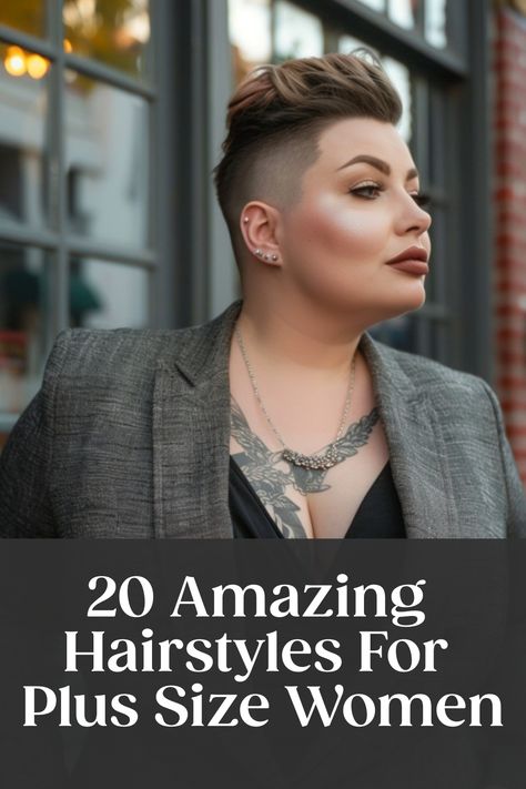 Confident woman with a short undercut hairstyle wearing a blazer. Text overlay reads "20 Amazing Hairstyles For Plus Size Women". Mohawk Over 50, Round Face Haircuts Pixie, Faux Hawk Pixie Round Face, Short Hair Bangs Plus Size, Undercut Round Face Woman, Short Thick Hairstyle Women Round Face, Round Face Undercut Woman, Short Hair Chunky Face, Plus Size Haircut Short