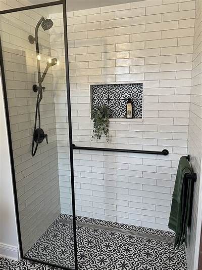 Open Concept Bathroom with Doorless, Curbless Showers - Normandy Remodeling Curbless Showers, Herringbone Shower, Open Concept Bathroom, Bathroom Shower Stalls, Roll In Showers, Shower Inserts, Farmhouse Shower, Accessible Bathroom, Master Shower