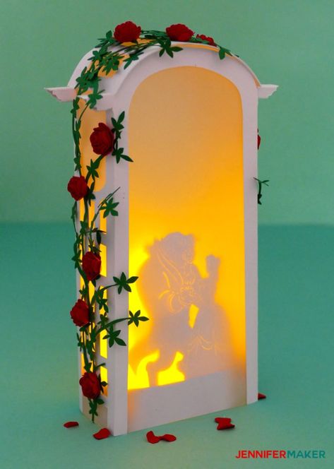 Beauty And The Beast Wedding Centerpiece, Cricut Papercraft, Wedding Arbor Decorations, Beauty And The Beast Crafts, Disney Princess Centerpieces, Beauty And The Beast Bedroom, Diy Wedding Arbor, Luminary Diy, Disney Wedding Centerpieces