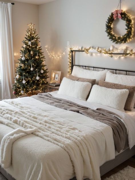 Christmas Bedroom White, Xmas Tree In Bedroom, Bedroom With Christmas Tree, Decorated Room For Christmas, Winter Wonderland Bedroom Decor, Bedroom Chirstmas Decor, Room Decor Bedroom Christmas, Christmas Wreath Above Bed, Xmas Bedroom Ideas