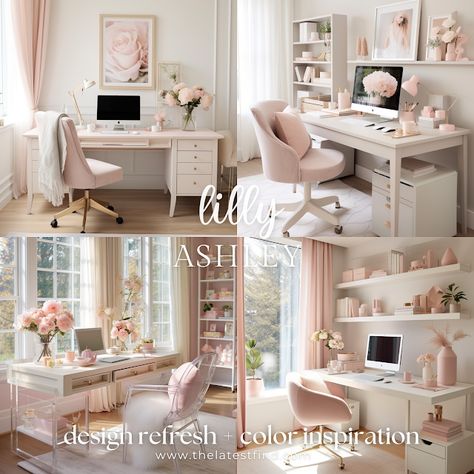 Lilly Ashley: Elevate Your Home Office: Combining Neutral Tones with Blush Pink Accents for a Serene and Productive Workspace Pink And Beige Office, Dusky Pink Office, Elegant Home Office Ideas For Women, Pink Office Aesthetic, Girlie Office, Blush Pink Office, Blush Office, Feminine Office Space, Girly Home Office