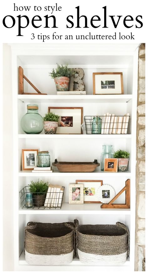 How to Style Open Shelves: 3 Tips for an Uncluttered Look - House by Hoff Shelves In Living Room, Style Open Shelves, Shelf Decor Living Room, Decorating Bookshelves, Bookcase Decor, Living Room Shelves, Room Shelves, Bookshelves Diy, Decorating Shelves