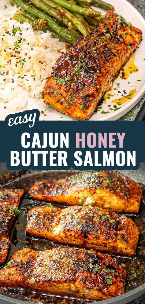 You’ll love this Cajun Honey Butter Salmon! Spicy, sweet, and ready in just 25 minutes. Perfect for a quick and delicious meal. #SalmonRecipe #EasyDinner Easy Fish Meals For Dinner, Protein Dinner Recipes Easy, Best Fish Dinner Recipes, Honey Pepper Salmon, Flavorful Salmon Recipes, Skin On Salmon Recipes Baked, Seared Salmon Dinner Ideas, Cheap Salmon Recipes, Salmon And Bell Pepper Recipes