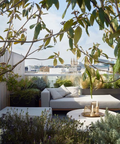 Urban city garden idea with white furniture and plenty of plants Roof Garden Design, Terrace Furniture, Modern Balcony, Small Terrace, Rooftop Terrace Design, Rooftop Design, Apartment Terrace, Balcony Plants, Rooftop Patio