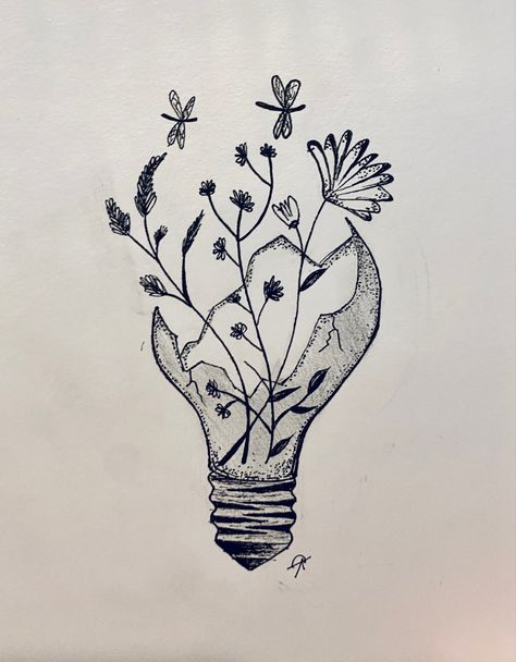 Cracked Light Bulb Tattoo, Light Bulb Drawing With Flowers, Flowers In A Lightbulb Drawing, Flowers In Light Bulbs Drawing, Lightbulb Butterfly Tattoo, Flower In Lightbulb Drawing, Light Bulb Tattoo Ideas, Lightbulb Art Projects, Lightbulb Flower Drawing