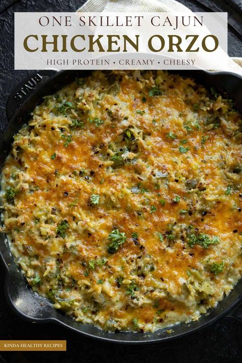 Cajun Ground Chicken, Macro Friendly Ground Chicken Recipes, Ground Chicken And Orzo, Ground Chicken Orzo, Ground Chicken Skillet Recipes, Ground Chicken Meal Prep, Ground Chicken Skillet, Cajun Chicken Orzo, Macros Meals