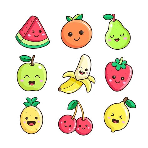 Cute Fruit Decoration, Fruits Doodle Drawings, Cute Veggie Drawings, Doodle Art Fruit, Cute Drawings Of Fruit, Kawaii Fruits Illustration, Fruit Cartoon Illustrations, Fruit Cute Drawing, Kawaii Fruit Drawing