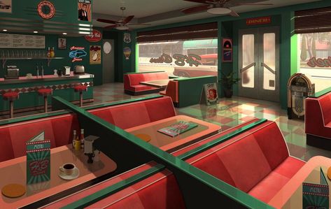 Diner 50s, 50s Diner, Bg Design, American Diner, Scenery Background, Restaurant Concept, Food Backgrounds, Anime Room, Scene Design