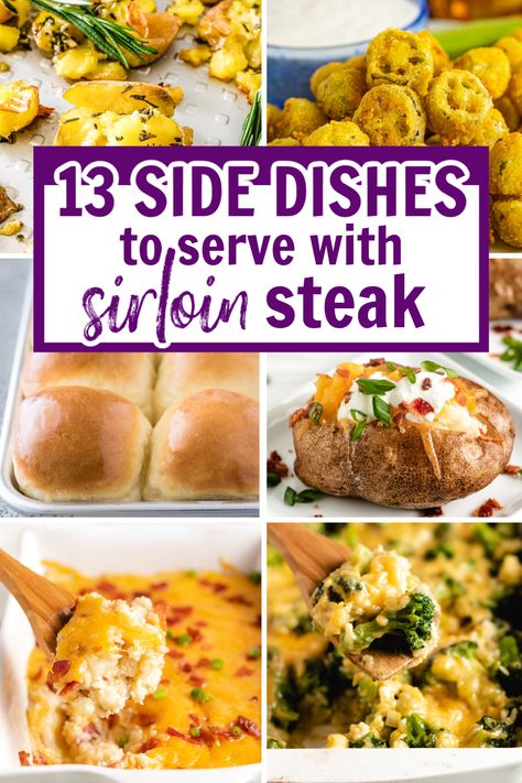 Collage showing sides for steak. Quick Sides For Steak, Veggies To Go With Steak, Sides For Cube Steak, Sides To Serve With Steak, Pork Steak Sides, Side Dish With Steak Dinner, Sides Dishes For Steak, Sides With Steak Dinner, Sides For Steak Dinner