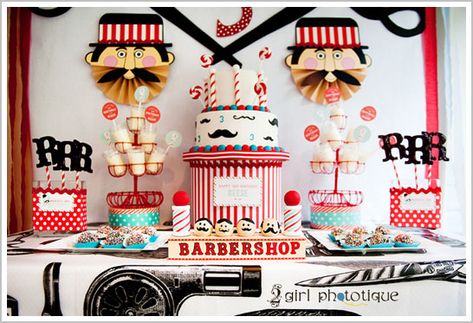 Barbershop themed party - definitely the most creative theme I've seen.  It's so cute! I love the mustaches on the cake. Baby Shower Cupcakes For Boy, Boy Shower Themes, Cupcakes For Boys, Mustache Party, Birthday Themes For Boys, Cake Blog, Boy Baby Shower Themes, Construction Party, Baby Shower Cupcakes