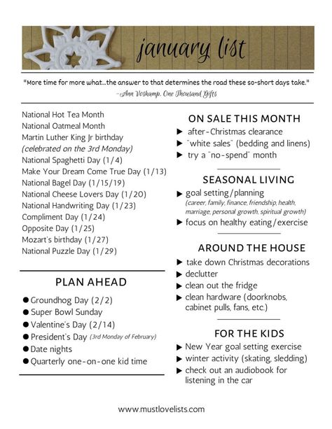 2023 Holidays List, Holidays By Month, Seasonal To Do List, Monthly Holidays List, January Life List, January To Do List Ideas, Must Love Lists, List Of Holidays By Month, Ways To Celebrate January