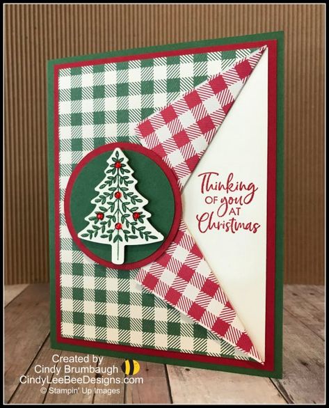 Christmas In July Cards Ideas, Stampin Up Perfectly Plaid, Plaid Cards, Bee Designs, Stamped Christmas Cards, Simple Christmas Cards, Handmade Christmas Card, Homemade Christmas Cards, Stampin Up Christmas Cards