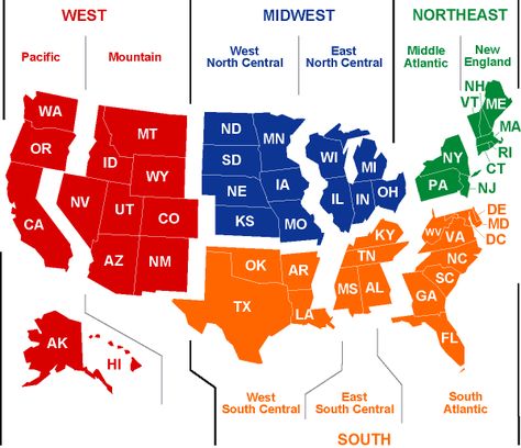 I like this version of a U.S. regions map - divided into 4 overall regions, then sub-divided into smaller regions.  Map by the U.S. Census Bureau. Mental Map, 4th Grade Social Studies, States And Capitals, Teaching Geography, 5th Grade Social Studies, Homeschool Social Studies, Homeschool Geography, Human Geography, Social Studies Elementary