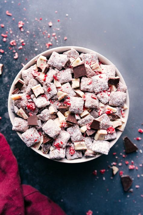 Peppermint Bark Muddy Buddies | Chelsea's Messy Apron Peppermint Treats, Chocolate Chex, Peppermint Cheesecake, Chelsea's Messy Apron, Muddy Buddies, Holiday Snacks, Peppermint Bark, Christmas Snacks, Chocolate Peppermint