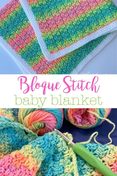 Bloque Stitch Baby Blanket Crochet Pattern. The bloque stitch is an interlocking stitch that creates a nice dense fabric for a nice snuggly blanket with no holes. Made with a self striping yarn like Red Heart Super Saver Stripes you get a nice color changing effect. Blanket Sizes Crochet, Crochet A Baby Blanket, Knit A Blanket, Crochet Zig Zag, Crochet Blanket Sizes, Zig Zag Crochet, Stitch Blanket, Baby Afghan Crochet, Crochet Inspo