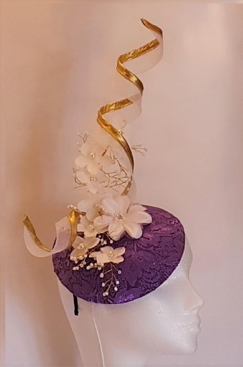 Fascinator Hat 40s 50s Purple Gold Hat fascinator Gold edge | Etsy Elegant Hats With Handmade Flowers As Gift, Elegant Hat With Handmade Flowers As Gift, Gold Headpiece With Curved Brim For Party, Elegant Fascinator For Celebrations, Elegant Adjustable Fascinator For Celebrations, Elegant Fitted Fascinator For Celebration, Elegant Kentucky Derby Celebration Hat, Elegant Costume Hat For Kentucky Derby, Elegant Fitted Hats For Celebration