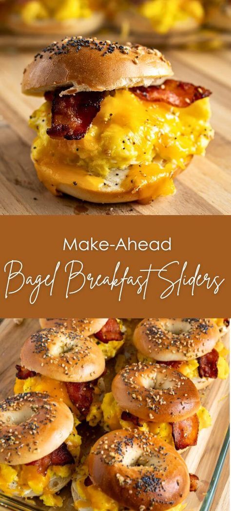 Make-Ahead Bagel Breakfast Sliders Egg Sandwiches To Freeze, Make Ahead Bagel Breakfast Sandwich, Mini Bagel Breakfast Sliders, Mini Bagel Sandwiches, Hawaiian Roll Sliders Breakfast, Boujee Breakfast, Bagel Recipe Sandwich, Breakfast Ideas For Guests, Breakfast Apps