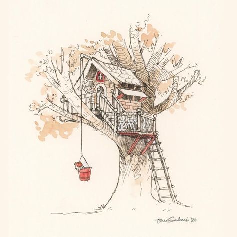 Winter illustrations Tree House Drawing, Landscape Pencil Drawings, Magic Treehouse, Watercolor Projects, House Illustration, Dark Art Illustrations, Art Supply, House Drawing, Amazing Drawings