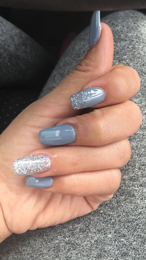 January Nails Blue And White, Denim And Diamond Nails Ideas, Dusk Blue Nails, Elegant Winter Acrylic Nails, Homecoming Blue Nails, Wedding Nails For Bride Dusty Blue, Dusty Blue Bridesmaid Nails, Nails For Dusty Blue Dress, Dusty Blue Nail Art