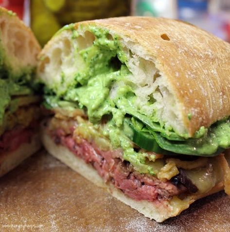 We like to eat, cook, sip, snack, taste, guzzle and chow down. Check out what's satisfying our hunger! Pesto Mayo, Steak Sandwich Recipes, Steak Sandwiches, Spinach Pesto, Leftover Steak, Pan Seared Salmon, Steak Sandwich, Sandwiches For Lunch, Burgers Sandwiches