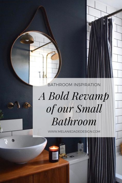 We have lived with our plain white shower room for 4 years now and it's time to get it decorated. Read my blog about our plans for the bathroom. #melaniejadedesign #bathroom #bathroominspiration Small Shower Room Paint Ideas, Dark Navy Bathroom Walls, Dark Blue Guest Bathroom, Dark And White Bathroom, Dark Bathroom Walls Paint, Dark Paint Small Bathroom, Small Dramatic Bathroom, Dark Bathroom Wall Color, Colours For Small Bathrooms