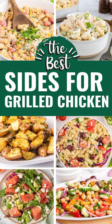 Side for grilled chicken with text overlay. Side To Go With Chicken, Backyard Bbq Side Dishes, Easy Summer Dinners On Grill, Side Dish For Grilled Chicken, Side Dishes With Grilled Chicken, Grilled Chicken Dinner Ideas Sides, Side For Grilled Chicken, Bbq Chicken Meals Sides, Grilled Chicken Side Dishes Ideas