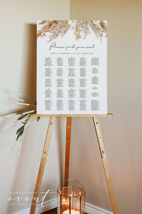 CIERA Bohemian Wedding Seating Chart Template Pampas Grass | Etsy Alphabetical Seating Chart, Wedding Seating Chart Template, Table Seating Chart, Magnolia Wedding, Elegant Script Fonts, Stationery Inspiration, Seating Chart Template, Chart Template, Banquet Tables