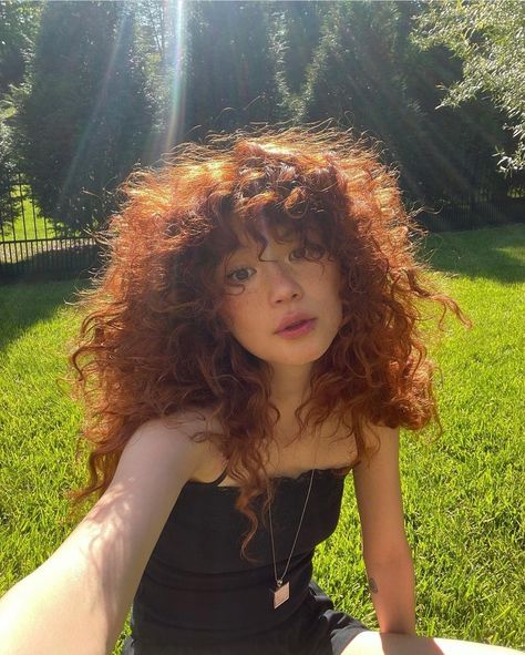 Curly Dark Ginger Hair, Ginger Curly Hair With Bangs, Dark Orange Curly Hair, Curly Hair Covering Eyes, Curly Red Hair With Bangs, Red Curly Hair Natural, Curly Red Hair Naturally, Natural Curly Red Hair, Red Head Curly Hair