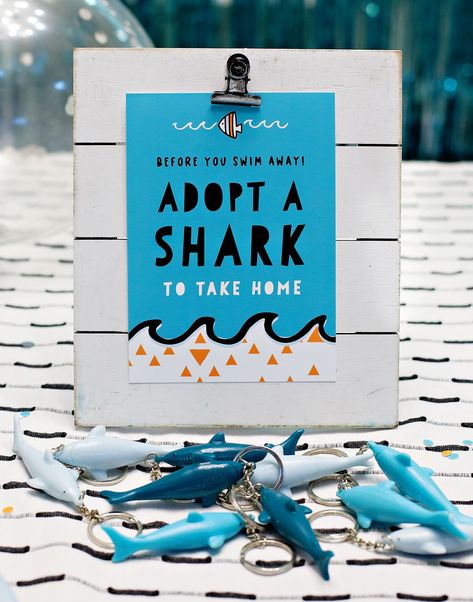 7 Fun & Modern Shark Party Ideas // Hostess with the Mostess® Shark Girl Party, Shark Themed Pool Birthday Party, Modern Shark Party, Shark Tales Birthday Party, Shark Themed Birthday Party Games, Adopt A Shark Party Favor, Adopt A Shark, Shark Bday Party Ideas, Shark Birthday Activities