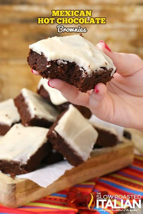 Mexican Hot Chocolate Brownies Hot Chocolate Frosting, Hot Chocolate Brownies Recipe, Mexican Hot Chocolate Brownies, Mexican Party Food, Chocolate Frosting Recipe, Hot Chocolate Brownies, The Slow Roasted Italian, Mexican Chocolate, Mexican Hot Chocolate