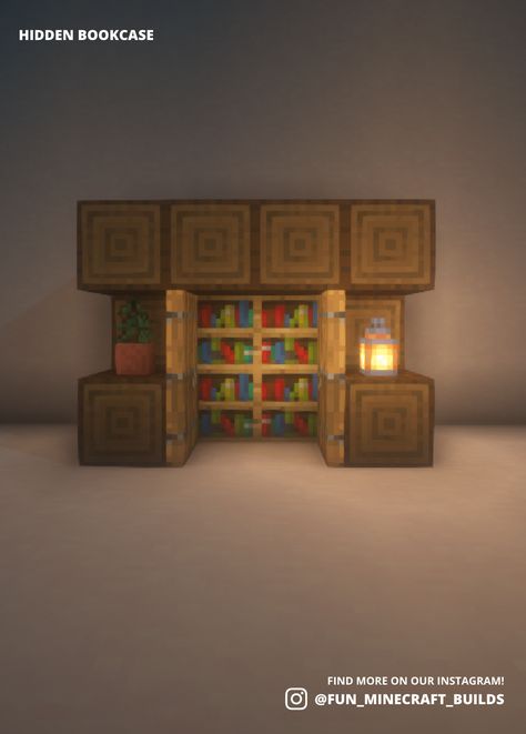 Simple and easy minecraft build idea for a hidden bookcase that can hide behind some doors! Doorway Designs Minecraft, Minecraft Hidden Door, Minecraft Doorway Design, Hidden Bookcase, Minecraft Garden, Bookcase Design, Minecraft Inspo, Minecraft House Designs, Minecraft House