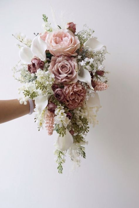 Bridal Bouquet Roses Blush, Mini Tuxedo Santini Flower, Dusty Rose Cascading Bouquet, Pink Artificial Wedding Bouquet, Flower Bouquet Cascading, Dusty Wedding Bouquet, Hand Bouquet Wedding Simple Elegant, Wedding Bouquet Accessories, Wedding Bouquets Without Roses