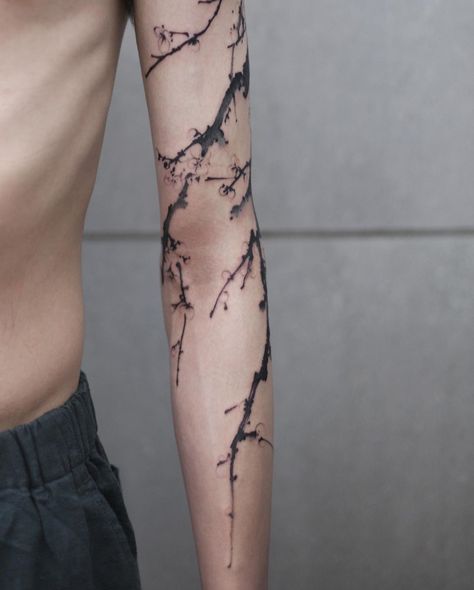 Cherry Blossom Vine Tattoo Arm, Korean Tattoo Style, Tattoo Korean Style, Korean Style Tattoo, Cherry Blossom Tattoo Men, Tattoos Chinese, Flower Vine Tattoos, Tree Sleeve Tattoo, Cherry Blossom Tree Tattoo