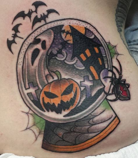 Halloween snowglobe tattoo - Richie Blackheart Halloween Snowglobe Tattoo, Snowglobe Tattoo, Halloween Snowglobe, Tattoo Ghost, Halloween Sleeve, Halloween Tattoo Ideas, Port Macquarie, Spooky Tattoos, Halloween Tattoo