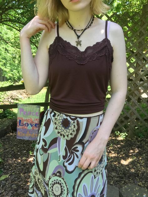 Brown Cami Outfit, Narnia Scenes, Eloise Christmas, Grunge Hippie Outfits, Demonia Platform Boots, Brown Cami Top, Hippie Fits, Patterned Midi Skirt, Brown Cami